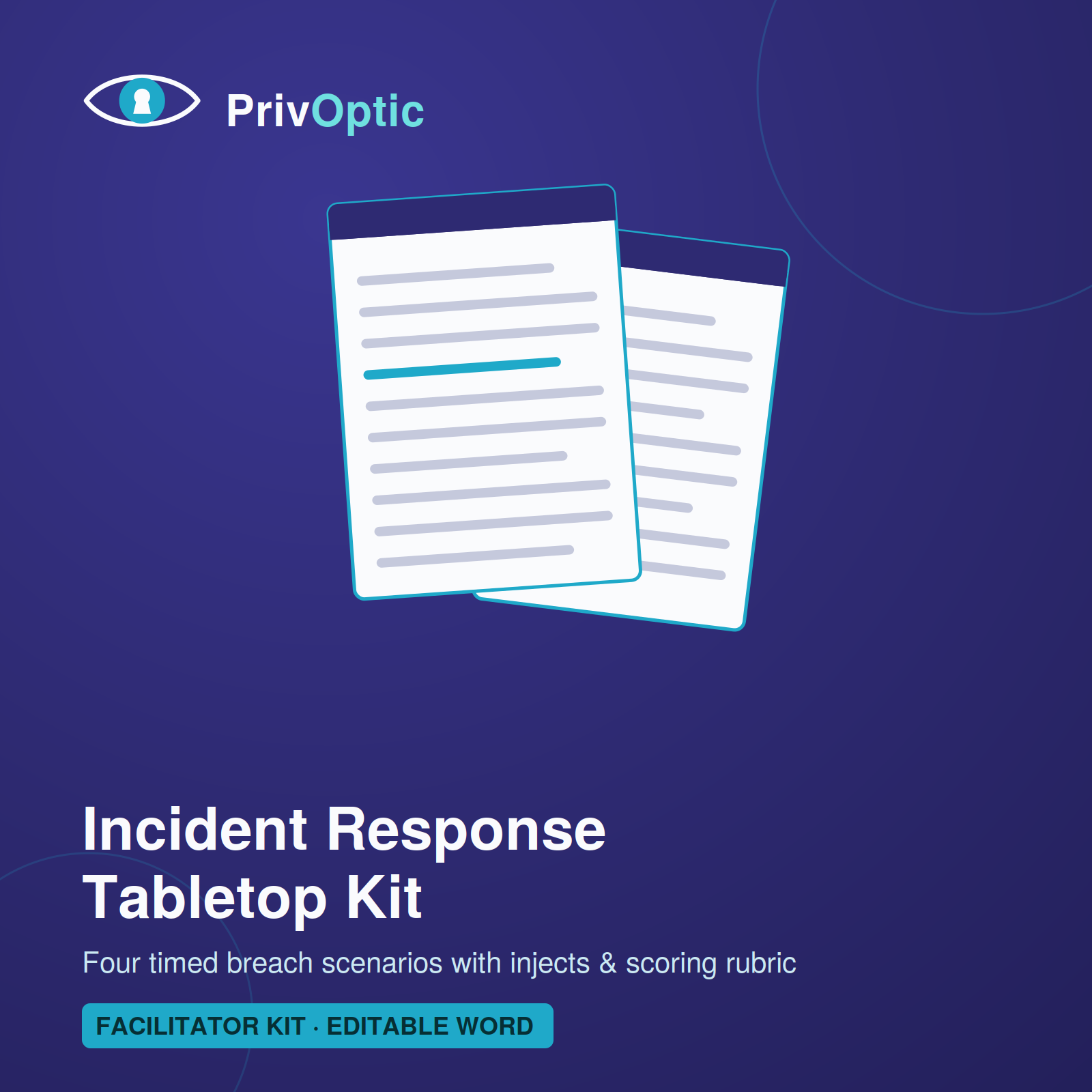 PrivOptic Privacy Incident Response Tabletop Kit — four editable Word breach exercise scenarios with rubric